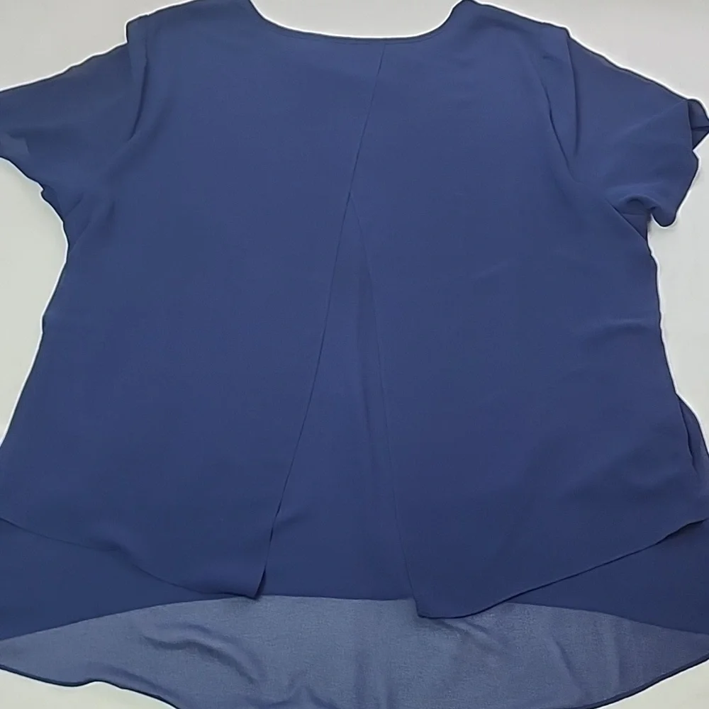 Michael Kors 2X Navy Blue Short Sleeve Top Split Back Lined Front Layered Hem